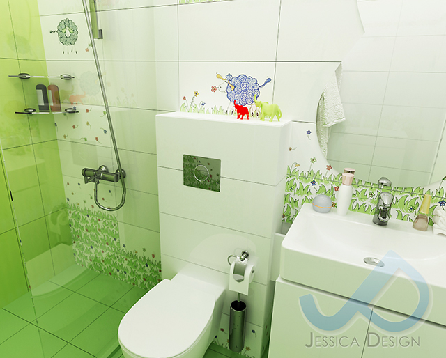 Интериорен проект на детска баня в бяло и зелено, и декорация с цветя и овце - зона с WC