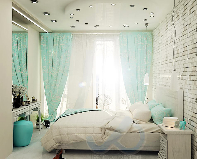 Вариант на спалнята с бели тухлички и голямо правоъгълно огледало
