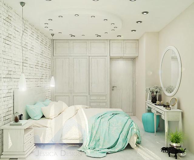 Вариант на спалнята с бели декоративни тухлички на стената и кръгло огледало
