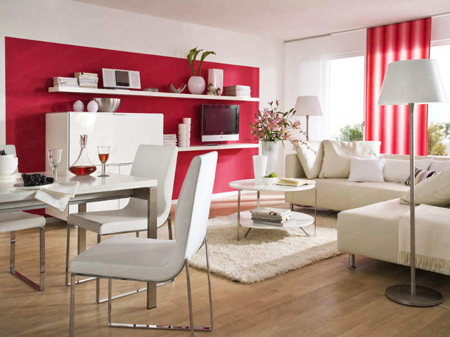 Стена в червено и бели мебели